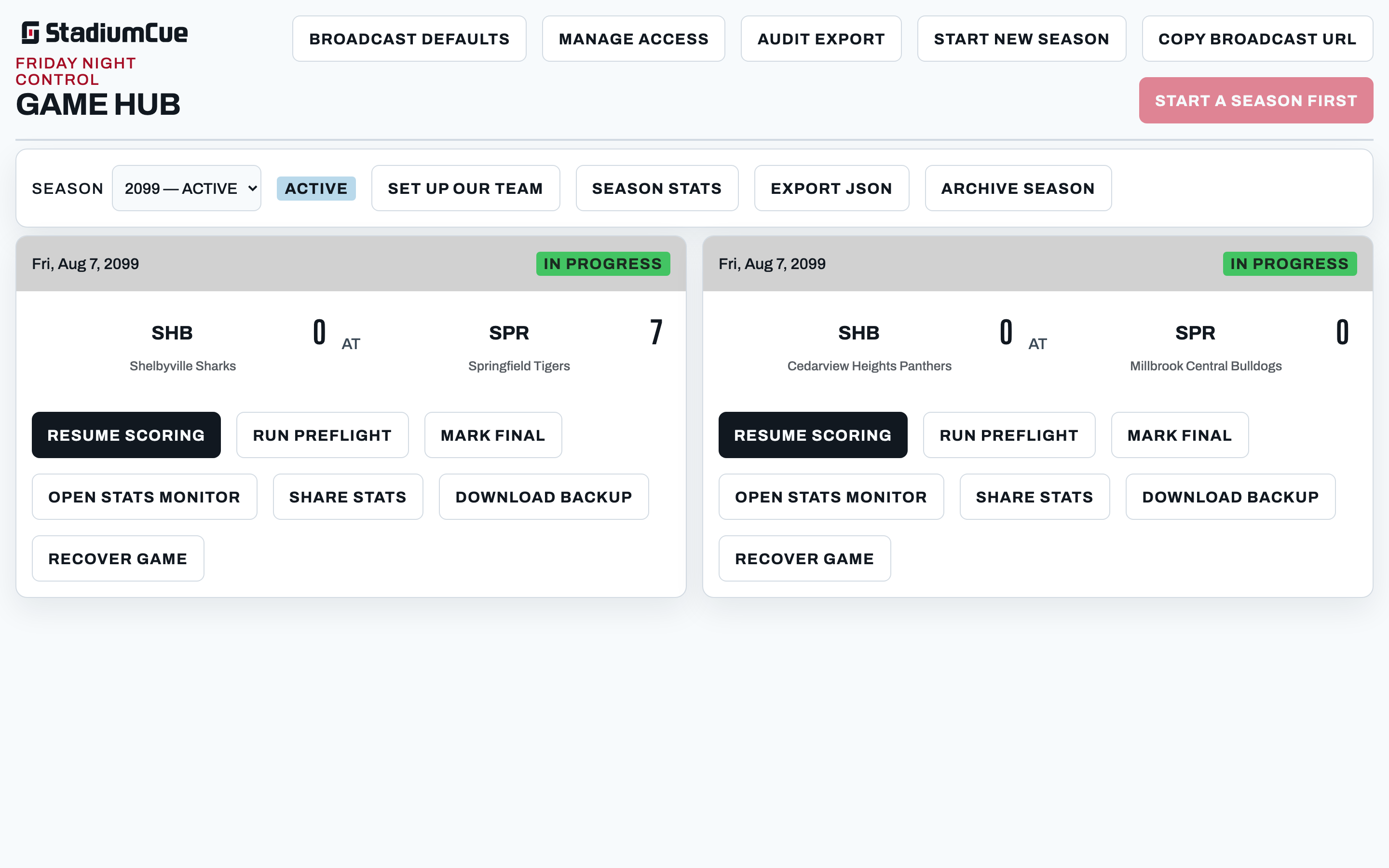 The Game Hub with a season and games ready